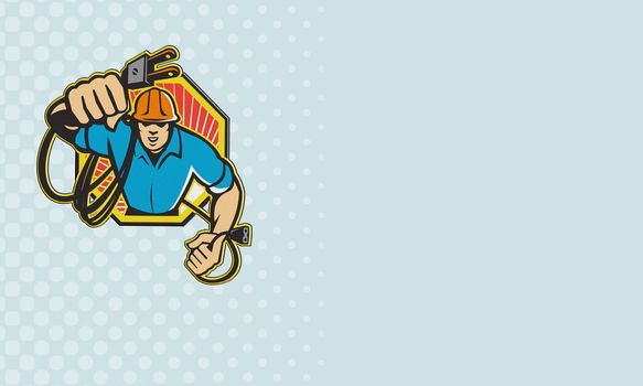Business card ideal for electrician showing illustration of an electrician construction worker holding an electrical electric plug with cord front view set inside hexagon done in retro style..