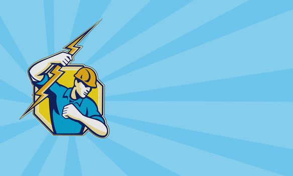 Business card  ideal for electrician showing illustration of an electrician construction worker holding a lightning bolt done in cartoon style.