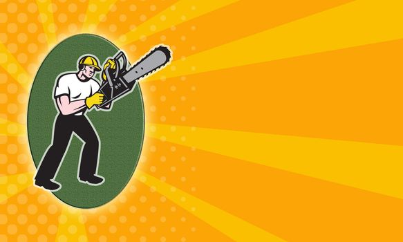 Business card  ideal for tree surgeon or arborist showing illustration of lumberjack arborist tree surgeon holding a chainsaw starting motor on isolated white background.
