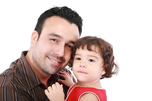Beautiful caucasian caring daddy holding his daughter in his arms on a white background