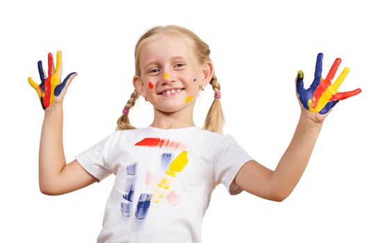 girl with painted hands, draw hands, isolated on white background