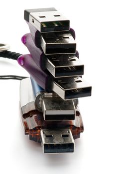 Stack of USB Flash Drives closeup on white background