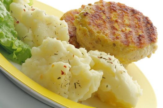 Mashed Potato and Meat Rissoles with Lettuce on Yellow Plate closeup