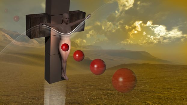 Woman  crucified end red balls  made in 3d software 