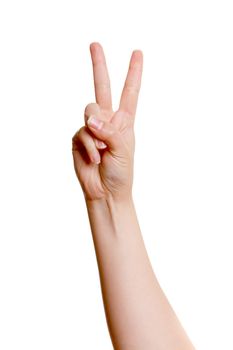 Woman's hand with two fingers up isolated on white background