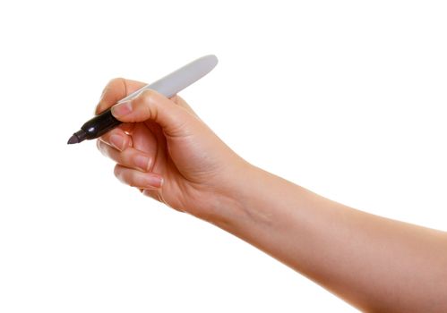 Woman's hand with a black marker isolated on white background