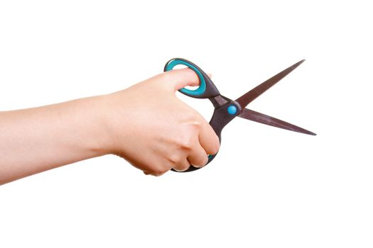 Woman's hand with the scissors isolated on white background