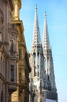 The Votivkirche towers (Votive Church) in Vienna, Austria 