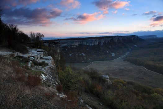 sunrise in the mountains. Cave city Eski-Kermen, Crimea, Ukraine VI-XIV centuries
