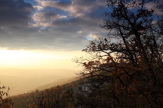 sunset in the mountains. Cave city Eski-Kermen, Crimea, Ukraine VI-XIV centuries
