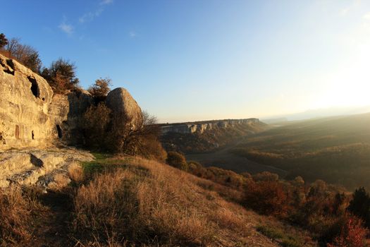 sunrise in the mountains. Cave city Eski-Kermen, Crimea, Ukraine VI-XIV centuries
