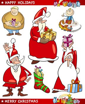 Cartoon Illustration of Santa Claus or Papa Noel, Presents, Happy People and other Christmas Themes set