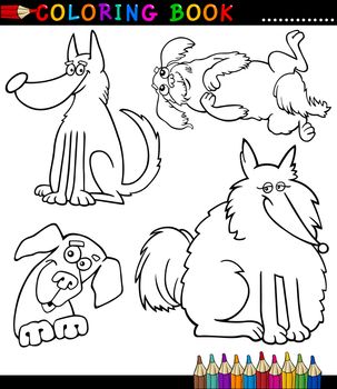 Coloring Book or Page Cartoon Illustration of Funny Dogs or Puppies for Children