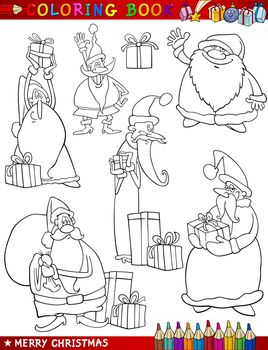 Coloring Book or Page Cartoon Illustration of Christmas Themes Set with Santa Claus or Papa Noel and Xmas Presents and Decorations for Children