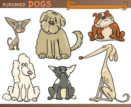 Cartoon Comic Illustration of Canine Breeds or Purebred Dogs Set