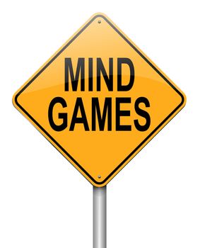Illustration depicting a roadsign with a mind games concept. White background.