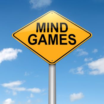 Illustration depicting a roadsign with a mind games concept. Sky background.