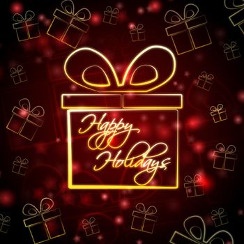 abstract red background card with golden presents boxes and text happy holidays