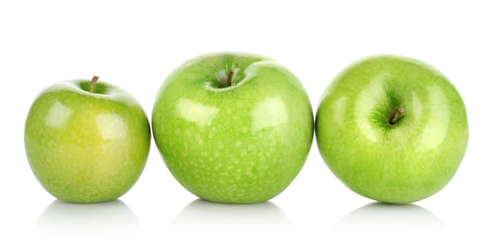 Three green apples isolated on a white background