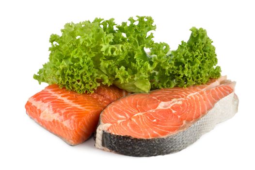 Salmon and lettuce isolated on white background