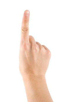 Hand simulating pressing a button or something else with index finger extended, isolated on a white background. 