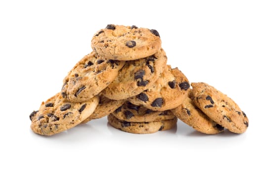 Stack of chocolate chip cookies isolated on a white background.