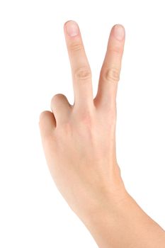 Hand simulating victory sign isolated on a white background