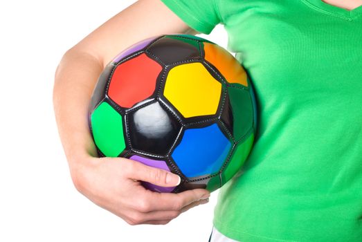 Colored soccer ball in a girl's hand isolated on white background