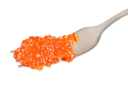 Red caviar on a fork isolated on white background