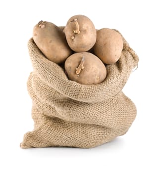 Raw potatoes in a hessian sack isolated on a white background