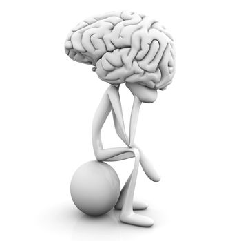 A cartoon figure con a huge brain. 3D rendered illustration. Isolated on white.