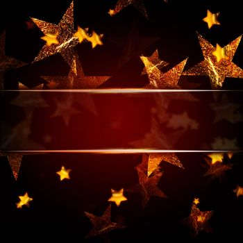 abstract golden stars over dark red christmas background with text space