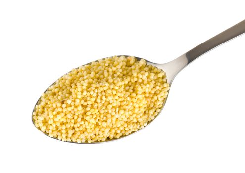 Millet in a spoon isolated on white background