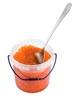 Red caviar in a plastic container isolated on a white background