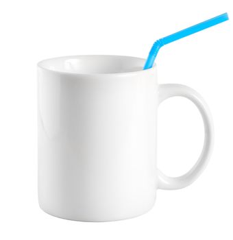 White cup with a drinking straw isolated on a white background (Path)