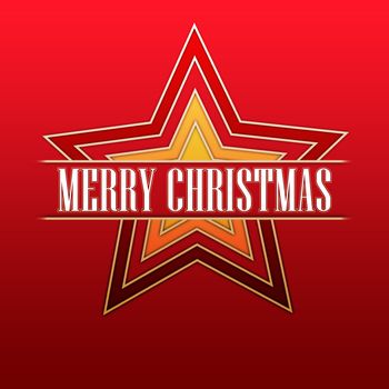 white text Merry Christmas in gradient colored stars over red background