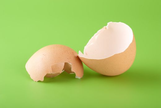 Two pieces of brown egg shell on a green background