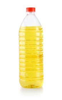 Vegetable oil in plastic bottle isolated on a white background. (Path)