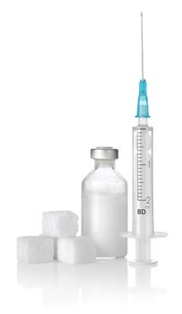 Insulin, sugar and syringe isolated on white background