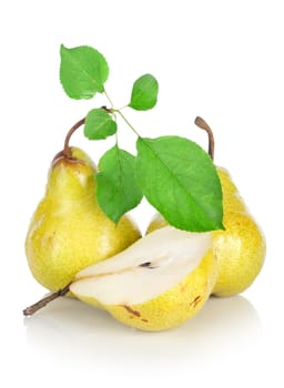 Yellow pears with green leafs isolated on white background