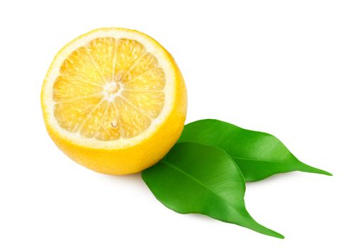 Lemon with leaves isolated on white background