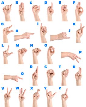 Hand sign language alphabet isolated on white