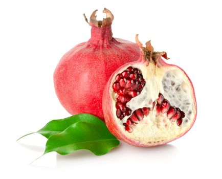 Pomegranate with leaves isolated on white background