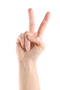 Hand showing victory sign or counting two isolated on white background