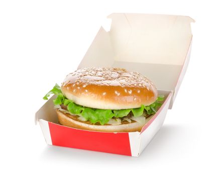 Hamburger in package on a white background.