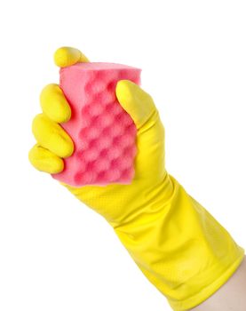 Yellow cleaning glove with a sponge against a white background