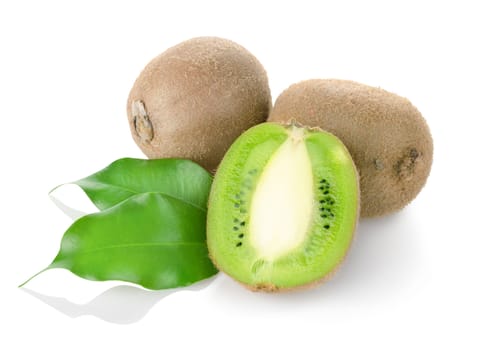 Fresh kiwi fruit with green leaves isolated on a white background