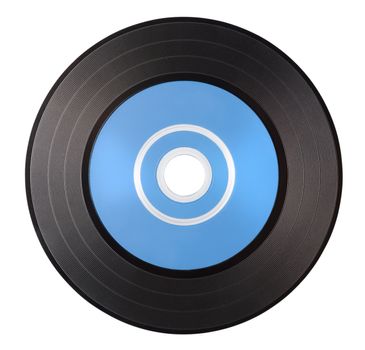 Old vinyl record with blue blank label isolated on white background