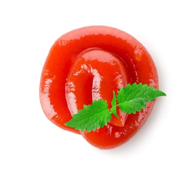 Tomato ketchup sauce and mint isolated on a white background.