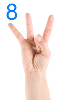 Hand showing number eight isolated on a white background